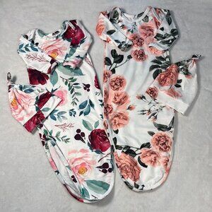 Newborn Baby Girl Floral Knotted Gown Hat Set 2 Pack